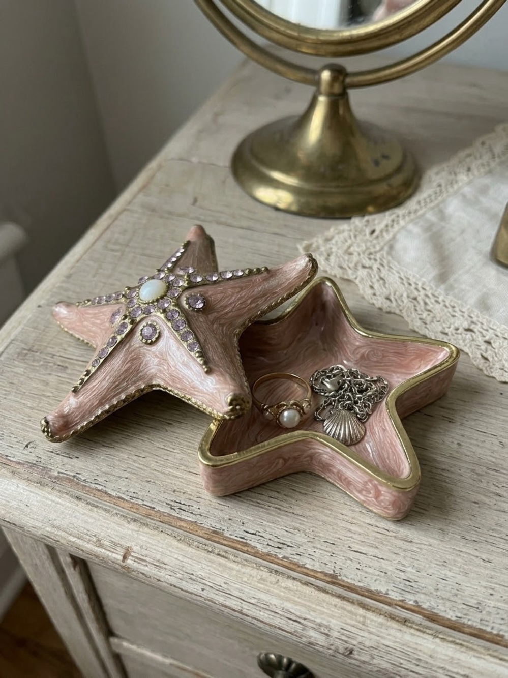 Vintage Enamel & Rhinestone Starfish Trinket Box | Coastal Beachy Ring Dish